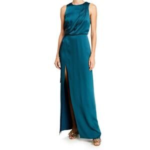 Halston Sleeveless Silhouette Draped Satin Gown in Sea Teal Greenish Blue NWT 2